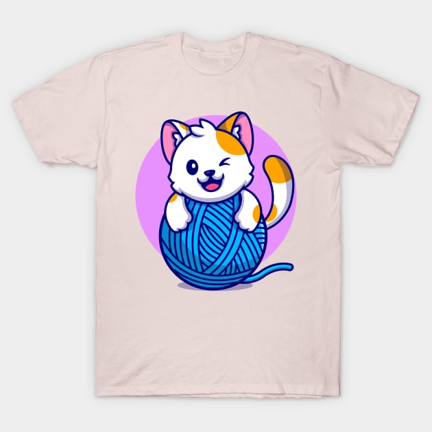 Cute Cat Playing Yarn Ball Cartoon T-Shirt by Catalyst Labs